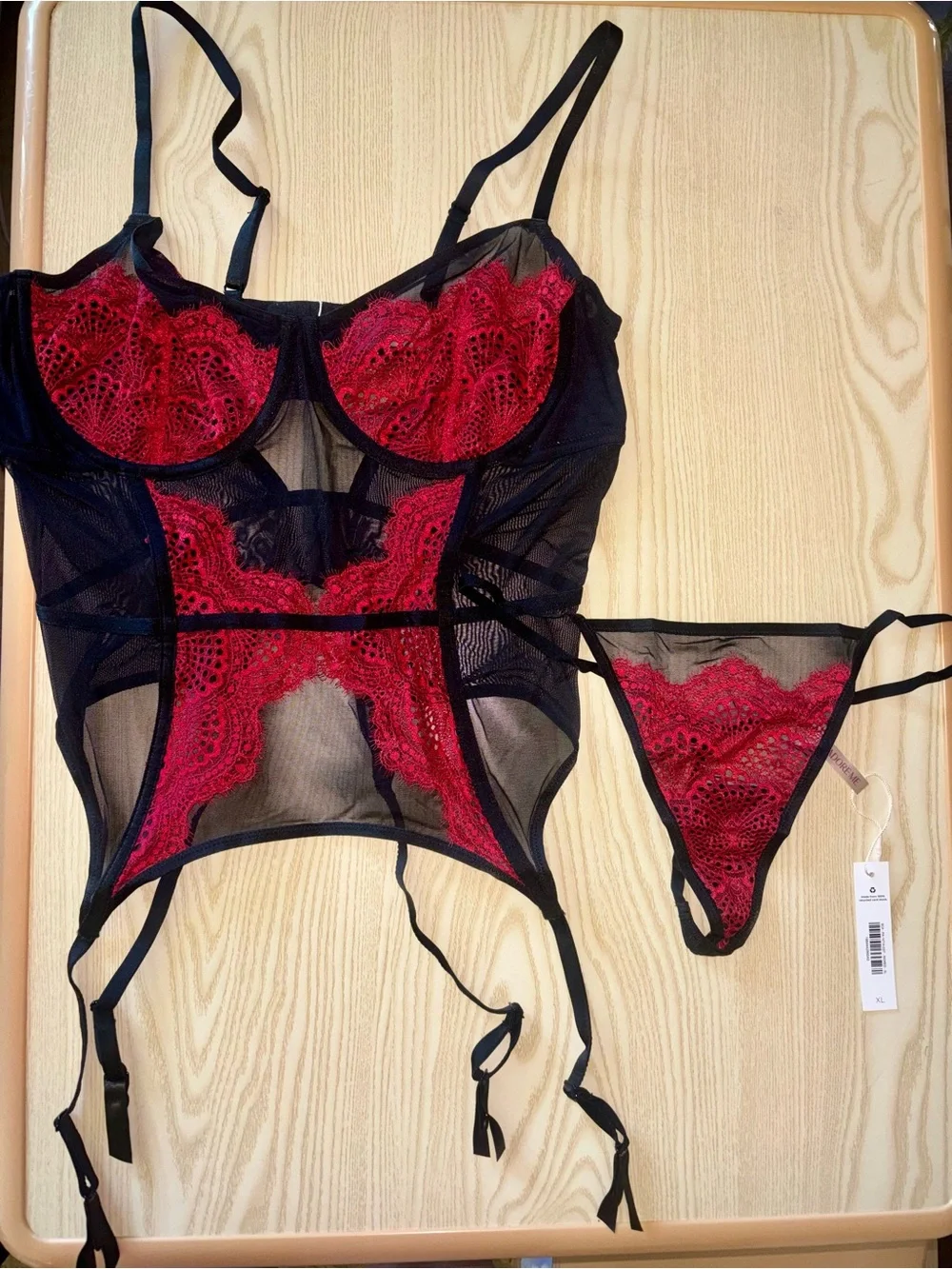 Adore Me Black & Red lace Charlie Bustier with matching panty NWT! Size 38D, XL - Picture 6 of 9